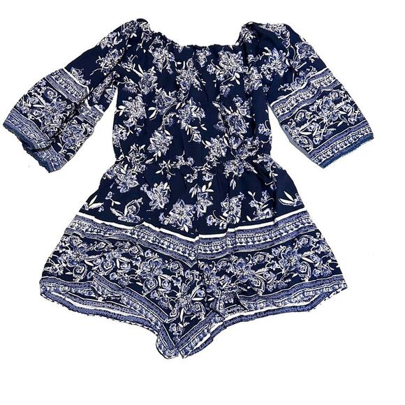 Angie Floral Blue White Boho Summer Romper Women's S Small - Picture 1 of 7